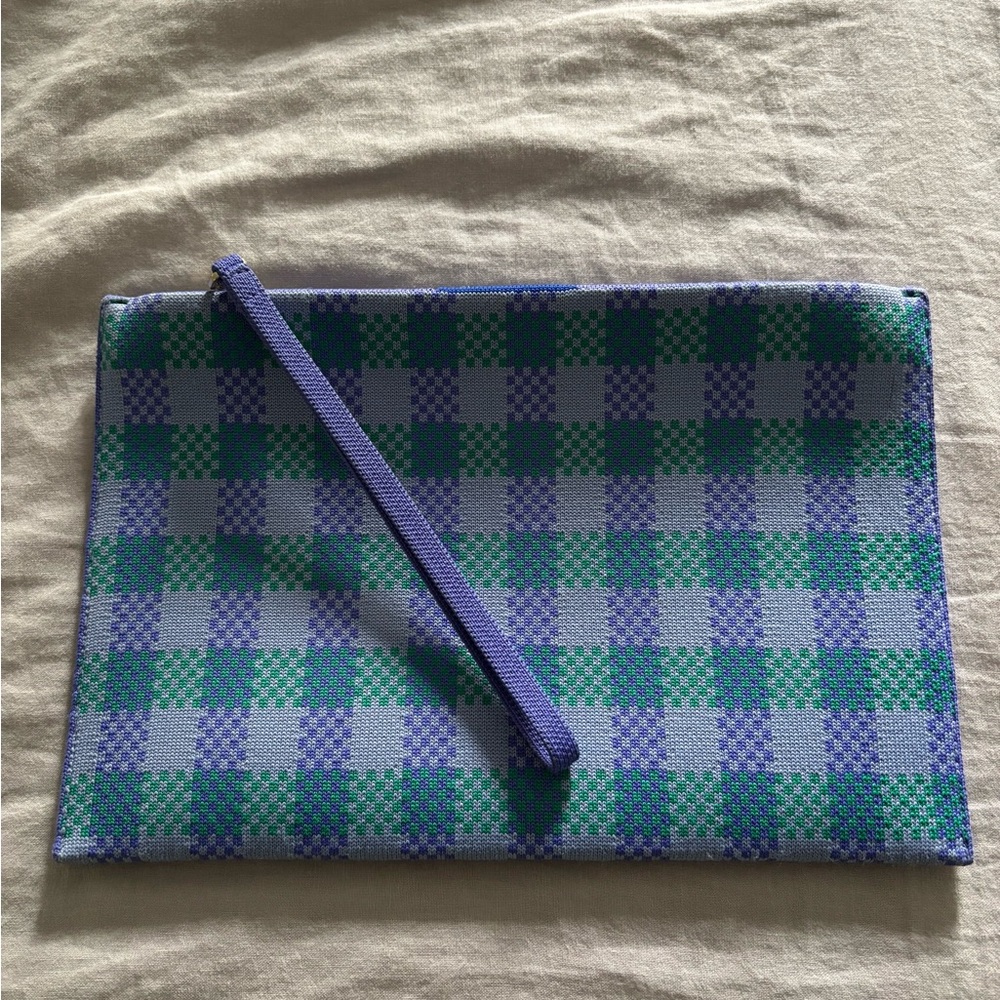 Rothy's The Wristlet in blue and green check pattern